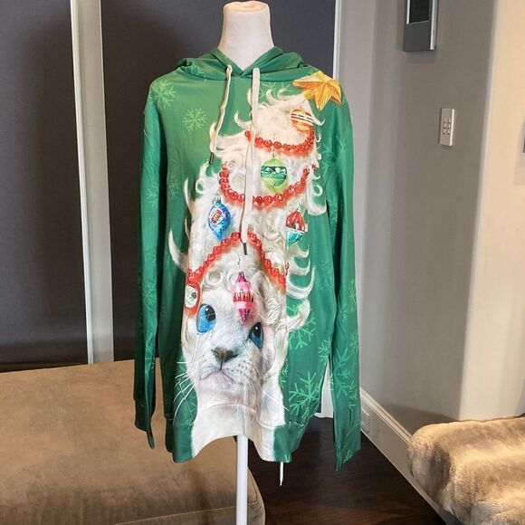 Adult Unisex Christmas Hoodie with Cat & Christmas Tree Size S/M NEW - Picture 1 of 6